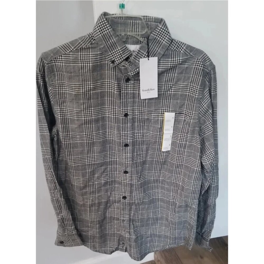 NWT Goodfellow & Co Mens sz S  Shirt Grey/Black Plaid Button Long Sleeve Flannel